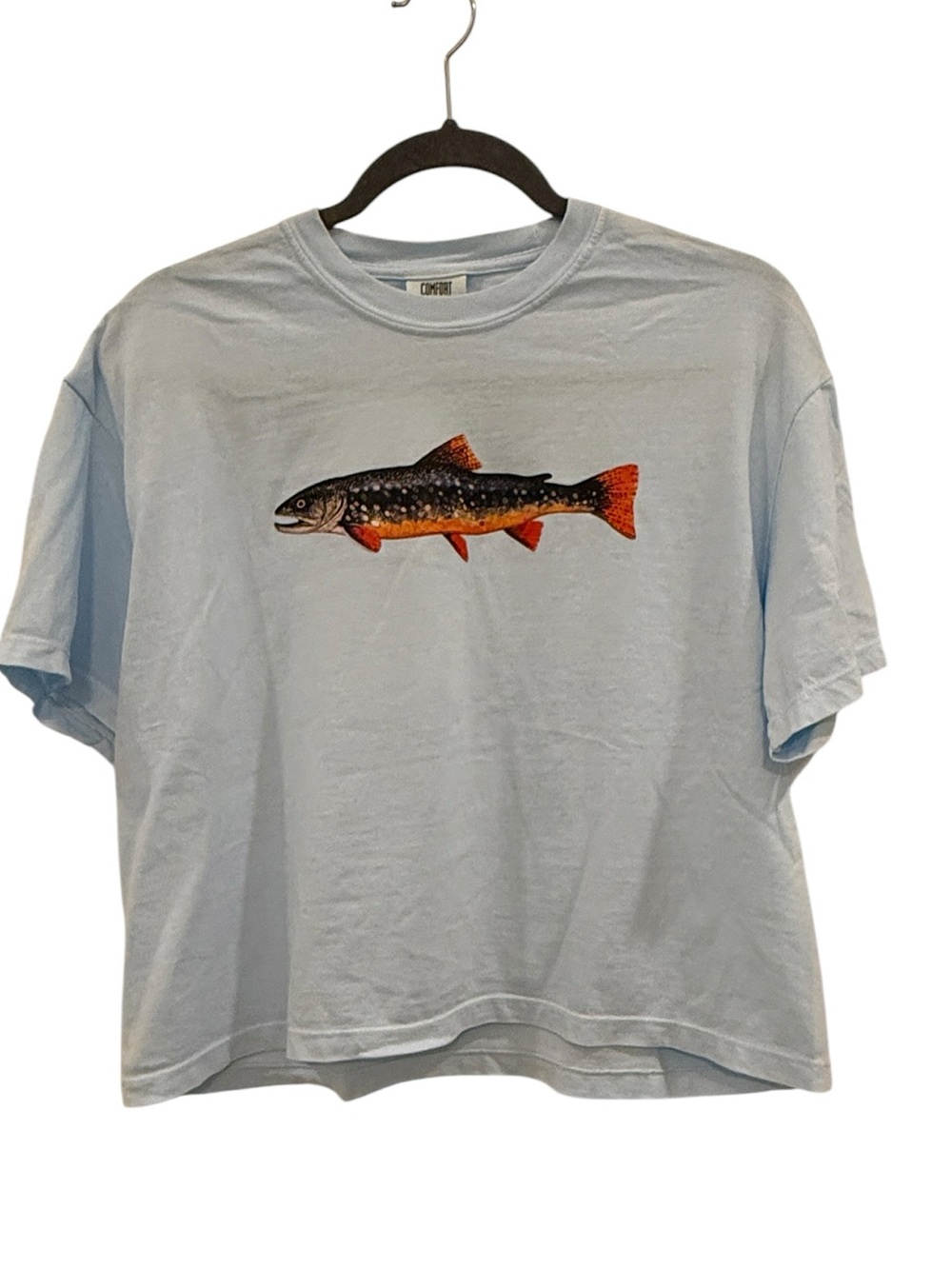 Handmade Trout Tee - Boxy Cropped Comfort Colors Light Blue Trout Tee Large
